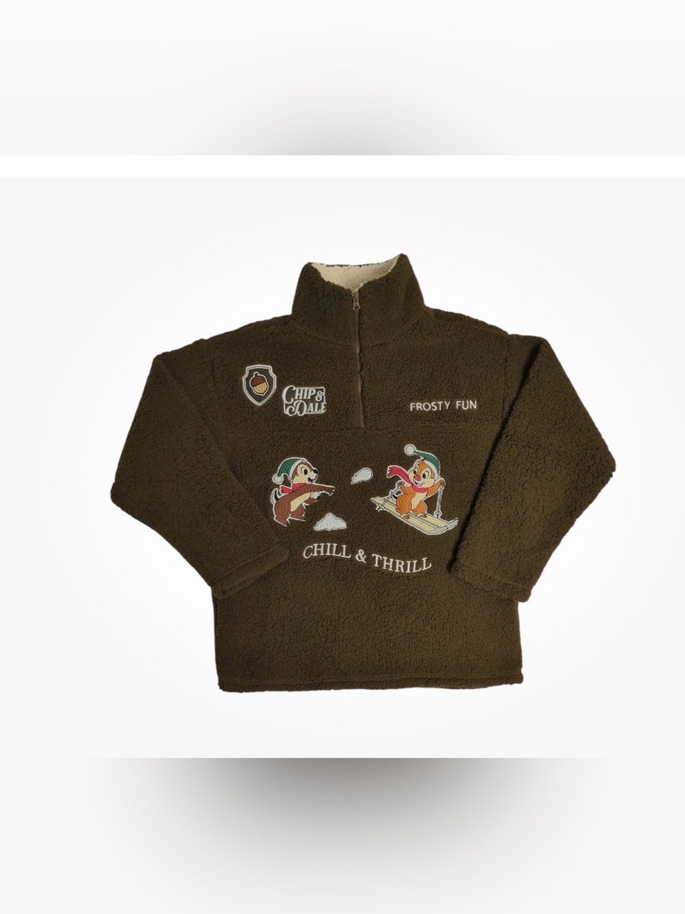 Brown 'Chill & Thrill' Sherpa Pullover with Cartoon Ski Patch Disney  Size S